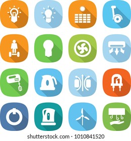 flat vector icon set - bulb vector, sun power, gyroscooter, hoverboard, cooler fan, air conditioning, mixer, kettle, magnetic field, led, on off button, windmill, hand dryer