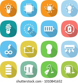 flat vector icon set - bulb vector, chip, lightning, battery, charge, infinity power, electrostatic, air conditioning, kettle, vacuum cleaner