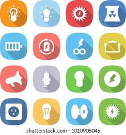 flat vector icon set - bulb vector, sun power, nuclear, battery, charge, infinity, electrostatic, megafon, spark plug, electricity, socket, coil, solar