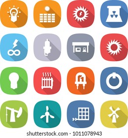 flat vector icon set - bulb vector, sun power, nuclear, infinity, spark plug, gas station, radiator, led, on off button, oil pump, windmill, solar panel