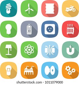flat vector icon set - bulb vector, windmill, barrel, motorcycle, remote control, power socket, radiator, floor lamp, atom, magnetic field, magnet, factory, coil, gears