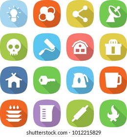 flat vector icon set - bulb vector, atom core, molecule, satellite antenna, skull, repair, house, hi quality package, bungalow, key, kettle, cup, plate washing, measuring, rolling pin, fire