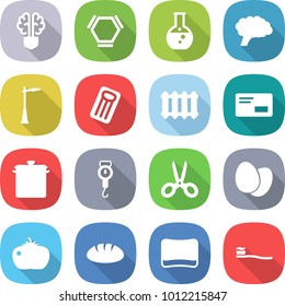flat vector icon set - bulb brain vector, hex molecule, round flask, outdoor light, inflatable mattress, radiator, envelope, pan, handle scales, scissors, eggs, tomato, bread, sponge, tooth brush