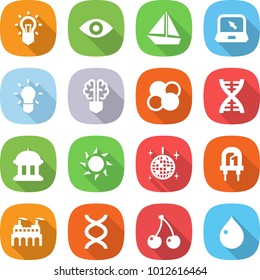 flat vector icon set - bulb vector, eye, boat, notebook, brain, atom core, dna, goverment house, sun, disco ball, led, factory, cherry, drop