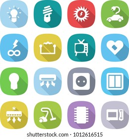 flat vector icon set - bulb vector, sun power, electric car, infinity, electrostatic, tv, pacemaker, air conditioning, socket, switch, vacuum cleaner, chip, microwave oven