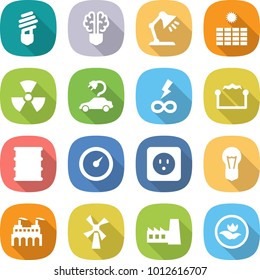 flat vector icon set - bulb vector, brain, table lamp, sun power, nuclear, electric car, infinity, electrostatic, barrel, barometer, socket, factory, windmill, ecology
