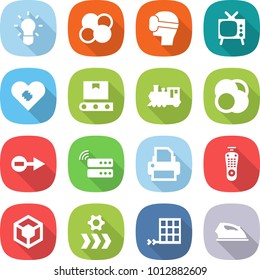 flat vector icon set - bulb vector, atom core, virtual mask, tv, pacemaker, transporter tape, train, electron, server, printer, remote control, 3d, conveyor, solar panel, iron
