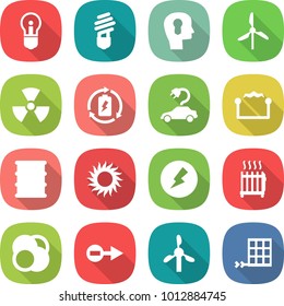 flat vector icon set - bulb vector, head, windmill, nuclear, battery charge, electric car, electrostatic, barrel, sun, electricity, radiator, atom core, electron, solar panel