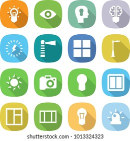 flat vector icon set - bulb vector, eye, head, brain, lightning, lighthouse, window, outdoor light, sun, camera, power switch, siren