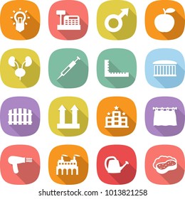 flat vector icon set - bulb vector, cashbox, male sign, apple, kidneys, syringe, ruler, airport building, fence, cargo top, hotel, curtain, hair dryer, factory, watering can, sponge with foam