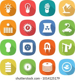 flat vector icon set - bulb vector, table lamp, sun power, nuclear, electric car, socket, led, oil pump, battery, solar, pancakes, ecology