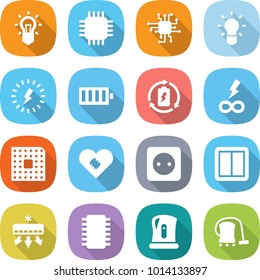flat vector icon set - bulb vector, chip, lightning, battery, charge, infinity power, cpu, pacemaker, socket, switch, air conditioning, kettle, vacuum cleaner