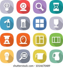 flat vector icon set - bulb brain vector, web cam, magnifier, sand clock, potion bottle, building, window, fragile, mirror, data search, measuring cup, jug