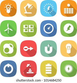 flat vector icon set - bulb vector, table lamp, lightning, sun power, windmill, panel house, barometer, electricity, atom core, electron, magnet, on off button, press, battery, solar