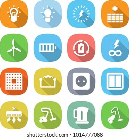 flat vector icon set - bulb vector, lightning, sun power, windmill, battery, charge, infinity, cpu, electrostatic, socket, switch, air conditioning, vacuum cleaner, kettle