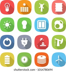 flat vector icon set - bulb vector, sun power, windmill, barrel, switch, atom core, on off button, plug, press, oil pump, battery, solar, pancakes