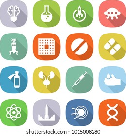 flat vector icon set - bulb brain vector, round flask, rocket, ufo, dna modify, cpu, pill, potion bottle, kidneys, syringe, acid, atom, start, satellite