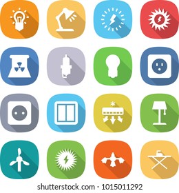 flat vector icon set - bulb vector, table lamp, lightning, sun power, nuclear, spark plug, socket, switch, air conditioning, floor, windmill, solar, hard reach place cleaning, iron board