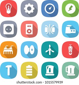 flat vector icon set - bulb vector, gear, barometer, electricity, power socket, speaker, magnetic field, factory, coil, windmill, remote control, hammer, battery, kettle