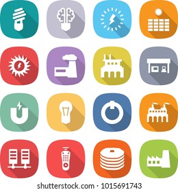flat vector icon set - bulb vector, brain, lightning, sun power, factory, gas station, magnet, on off button, server, remote control, pancakes