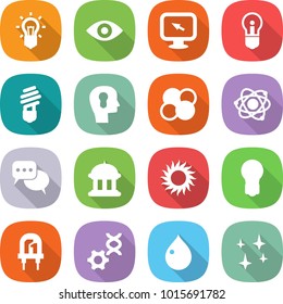 flat vector icon set - bulb vector, eye, monitor arrow, head, atom core, discussion, goverment house, sun, led, dna edit, drop, shining