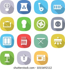 flat vector icon set - bulb brain vector, nuclear power, gyroscooter, battery, electrostatic, cooler fan, socket, switch, radiator, iron board, air conditioning, floor lamp, electric magnet