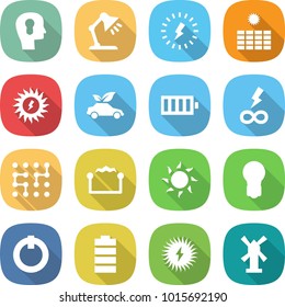 flat vector icon set - bulb head vector, table lamp, lightning, sun power, eco car, battery, infinity, chip, electrostatic, on off button, solar, windmill