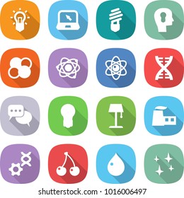 flat vector icon set - bulb vector, notebook, head, atom core, dna, discussion, floor lamp, factory, edit, cherry, drop, shining