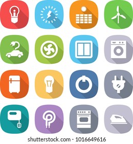 flat vector icon set - bulb vector, lightning, sun power, windmill, electric car, cooler fan, switch, washing machine, fridge, on off button, plug, mixer, elecric oven, iron