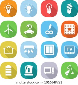 flat vector icon set - bulb vector, windmill, electric car, infinity power, cpu, electrostatic, air conditioning, switch, tv, battery, kettle, microwave oven, vacuum cleaner