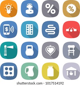 flat vector icon set - bulb vector, call center, percent, phone pay, pills blister, intestines, drawbridge, lighthouse, heavy, heart pendant, chair, hob, jug, bank, warehouse