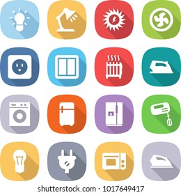 flat vector icon set - bulb vector, table lamp, sun power, cooler fan, socket, switch, radiator, iron, washing machine, fridge, mixer, plug, grill oven