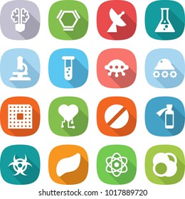 flat vector icon set - bulb brain vector, hex molecule, satellite antenna, flask, microscope, vial, ufo, lunar rover, cpu, cardio chip, pill, potion bottle, biohazard, liver, atom, core