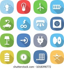 flat vector icon set - bulb vector, windmill, battery, electric car, infinity power, air conditioning, socket, floor lamp, photon, plug, coil, solar, panel, iron board