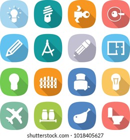 flat vector icon set - bulb vector, satellite, cell corection, pencil, draw compass, plan, fence, toaster, plane, salt pepper, chicken leg, toilet