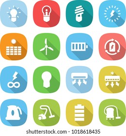 flat vector icon set - bulb vector, lightning, sun power, windmill, battery, charge, infinity, air conditioning, kettle, vacuum cleaner
