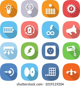 flat vector icon set - bulb vector, brain, sun power, battery, charge, infinity, megafon, air conditioning, electricity, socket, mixer, photon, coil, solar panel, hard reach place cleaning