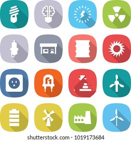 flat vector icon set - bulb vector, brain, lightning, nuclear, spark plug, gas station, barrel, sun, power socket, led, press, windmill, battery, factory