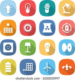 flat vector icon set - bulb vector, table lamp, sun power, nuclear, battery charge, socket, floor, coil, solar panel, windmill, hard reach place cleaning