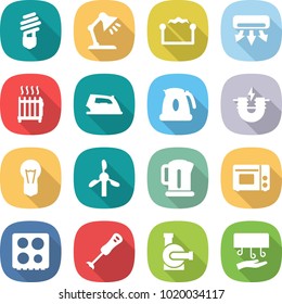 flat vector icon set - bulb vector, table lamp, electrostatic, air conditioning, radiator, iron, kettle, electric magnet, windmill, grill oven, hob, blender, water pump, hand dryer