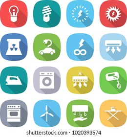 flat vector icon set - bulb vector, lightning, sun power, nuclear, electric car, infinity, air conditioning, iron, washing machine, mixer, oven, windmill, hand dryer, board