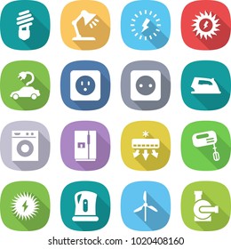 flat vector icon set - bulb vector, table lamp, lightning, sun power, electric car, socket, iron, washing machine, fridge, air conditioning, mixer, solar, kettle, windmill, water pump