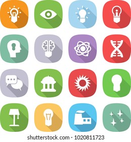 flat vector icon set - bulb vector, eye, head, brain, atom, dna, discussion, government house, sun, floor lamp, factory, shining