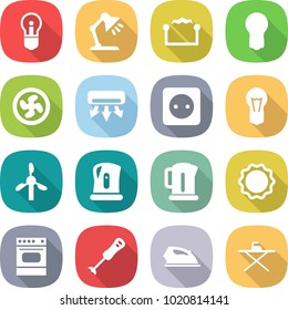 flat vector icon set - bulb vector, table lamp, electrostatic, cooler fan, air conditioning, power socket, windmill, kettle, induction oven, blender, iron, board