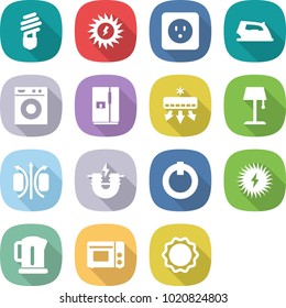 flat vector icon set - bulb vector, sun power, socket, iron, washing machine, fridge, air conditioning, floor lamp, magnetic field, electric magnet, on off button, solar, kettle, grill oven