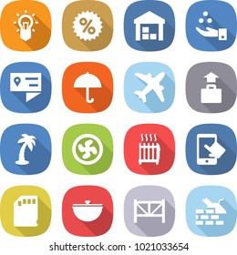flat vector icon set - bulb vector, percent, warehouse, chemical industry, location details, dry cargo, airplane, baggage, palm, cooler fan, radiator, touchscreen, sd card, cauldron, farm fence