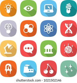 flat vector icon set - bulb vector, eye, notebook, brain, atom core, dna, table lamp, balloon, goverment house, disco ball, led, factory, cherry, shining