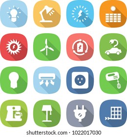 flat vector icon set - bulb vector, table lamp, lightning, sun power, windmill, battery charge, electric car, air conditioning, socket, mixer, coffee maker, floor, plug, solar panel