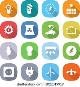 flat vector icon set - bulb vector, lightning, sun power, nuclear, electric car, electrostatic, spark plug, air conditioning, electricity, socket, windmill, hard reach place cleaning