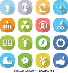 flat vector icon set - bulb vector, brain, table lamp, lightning, sun power, nuclear, battery charge, infinity, panel house, windmill, electricity, on off button, factory, solar, hand drop